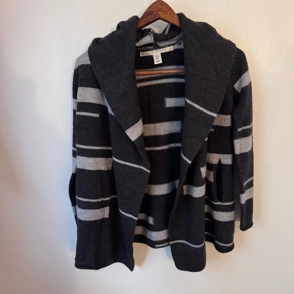 Max Studio Open Hooded Cardigan Striped Black/Grey Size Small Merino Wool Blend